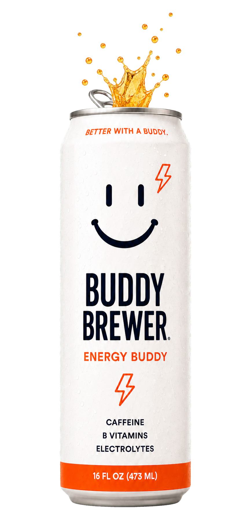 An opened Morning Buddy can with an orange drink splash